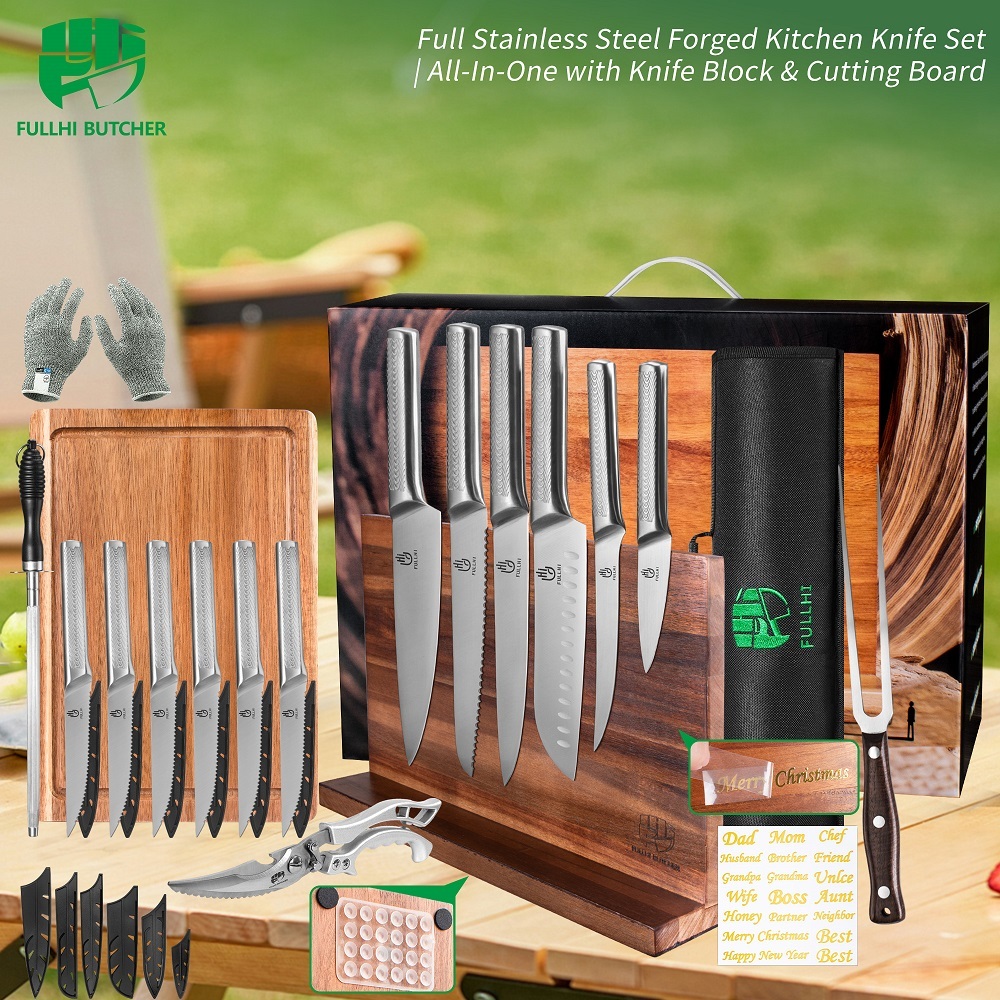 FULLHI 19pcs Japanese Knife Set with Magnetic Knife Block Holder, Cutting Board, Meat fork, Kitchen Shears, Roll Bag, Sharpener Rod Premium Stainless Steel Kitchen Steak Knife Set Dishwasher Safe