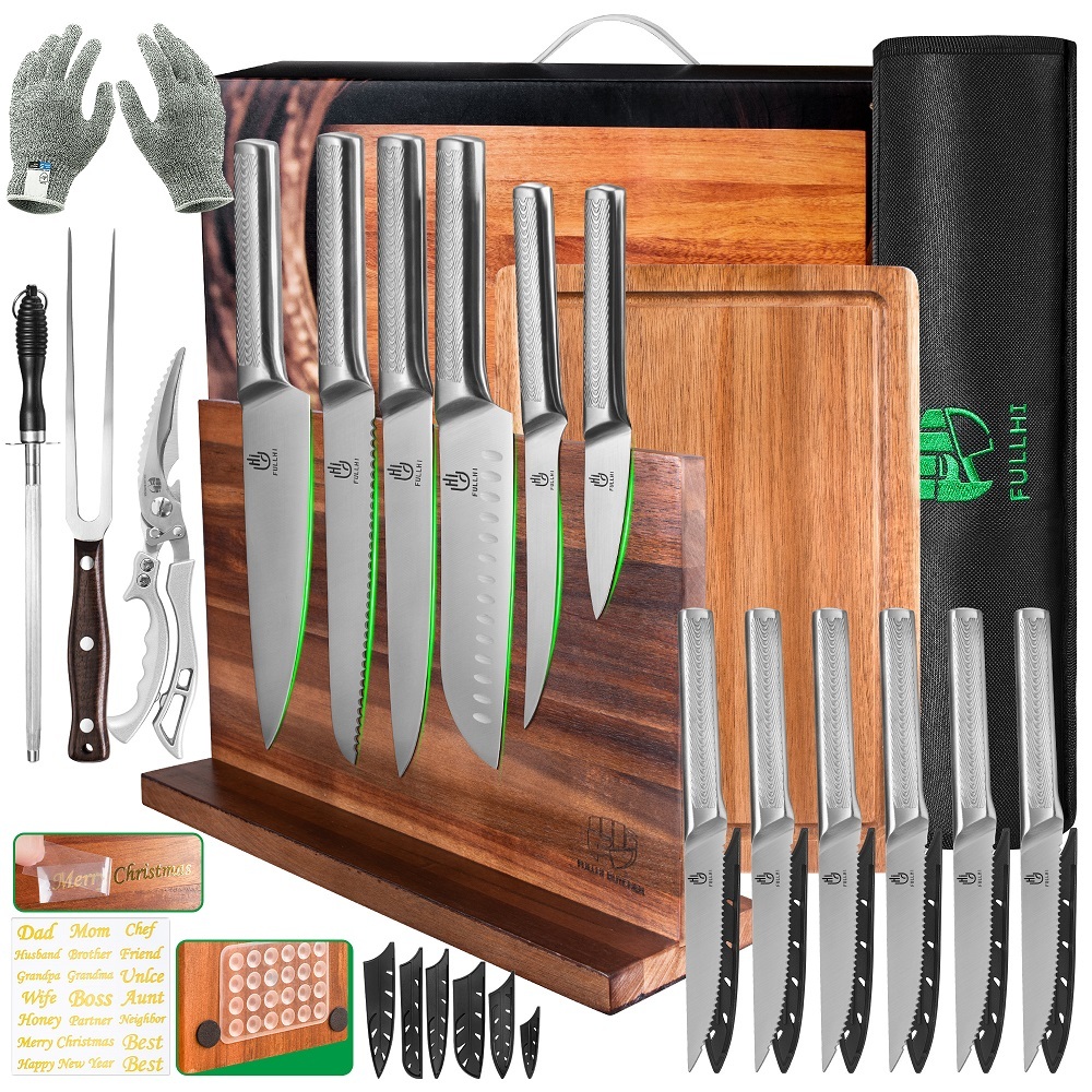 FULLHI 19pcs Japanese Knife Set with Magnetic Knife Block Holder, Cutting Board, Meat fork, Kitchen Shears, Roll Bag, Sharpener Rod Premium Stainless Steel Kitchen Steak Knife Set Dishwasher Safe