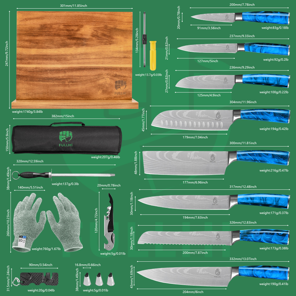 FULLHI 15pcs Japanese Knife Set with Magnetic Knife Block Holder, Japan Stainless Steel Blades, Blue Resin Ergonomic Handles for Professional and Home Cooking