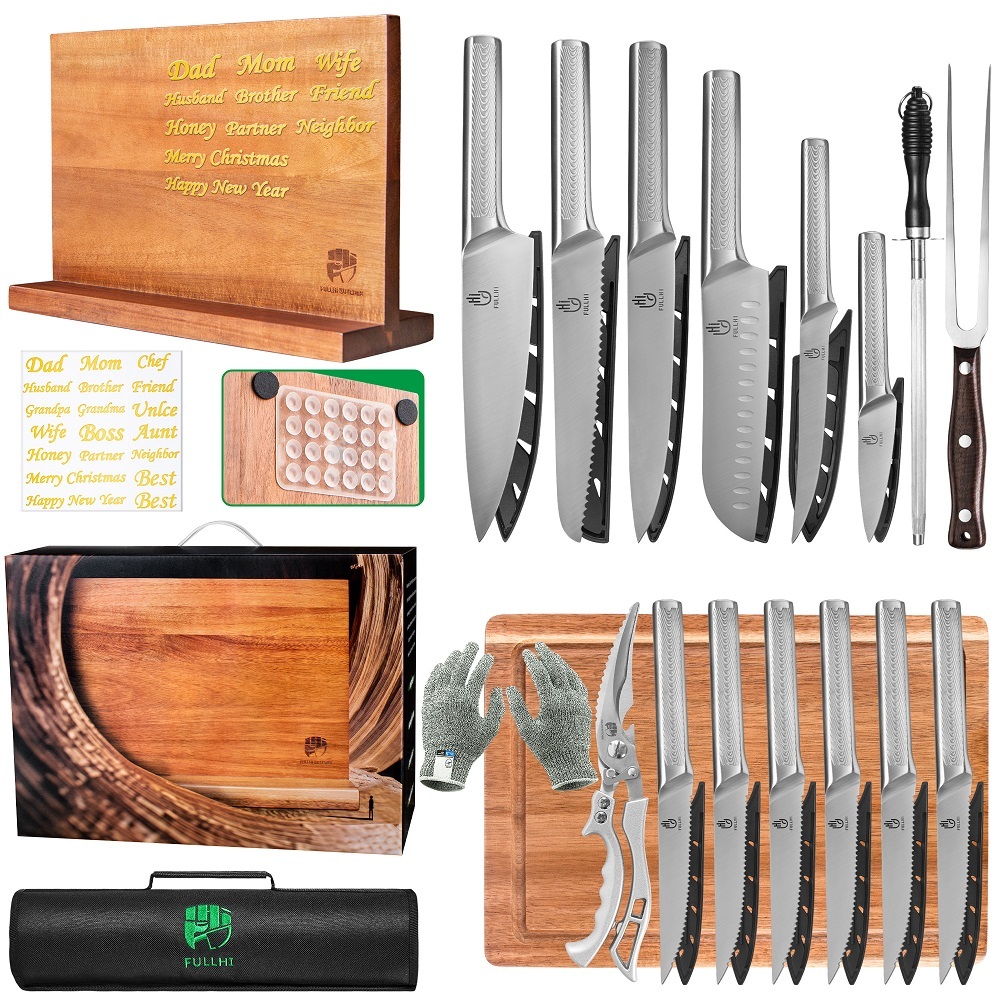 FULLHI 19pcs Japanese Knife Set with Magnetic Knife Block Holder, Cutting Board, Meat fork, Kitchen Shears, Roll Bag, Sharpener Rod Premium Stainless Steel Kitchen Steak Knife Set Dishwasher Safe