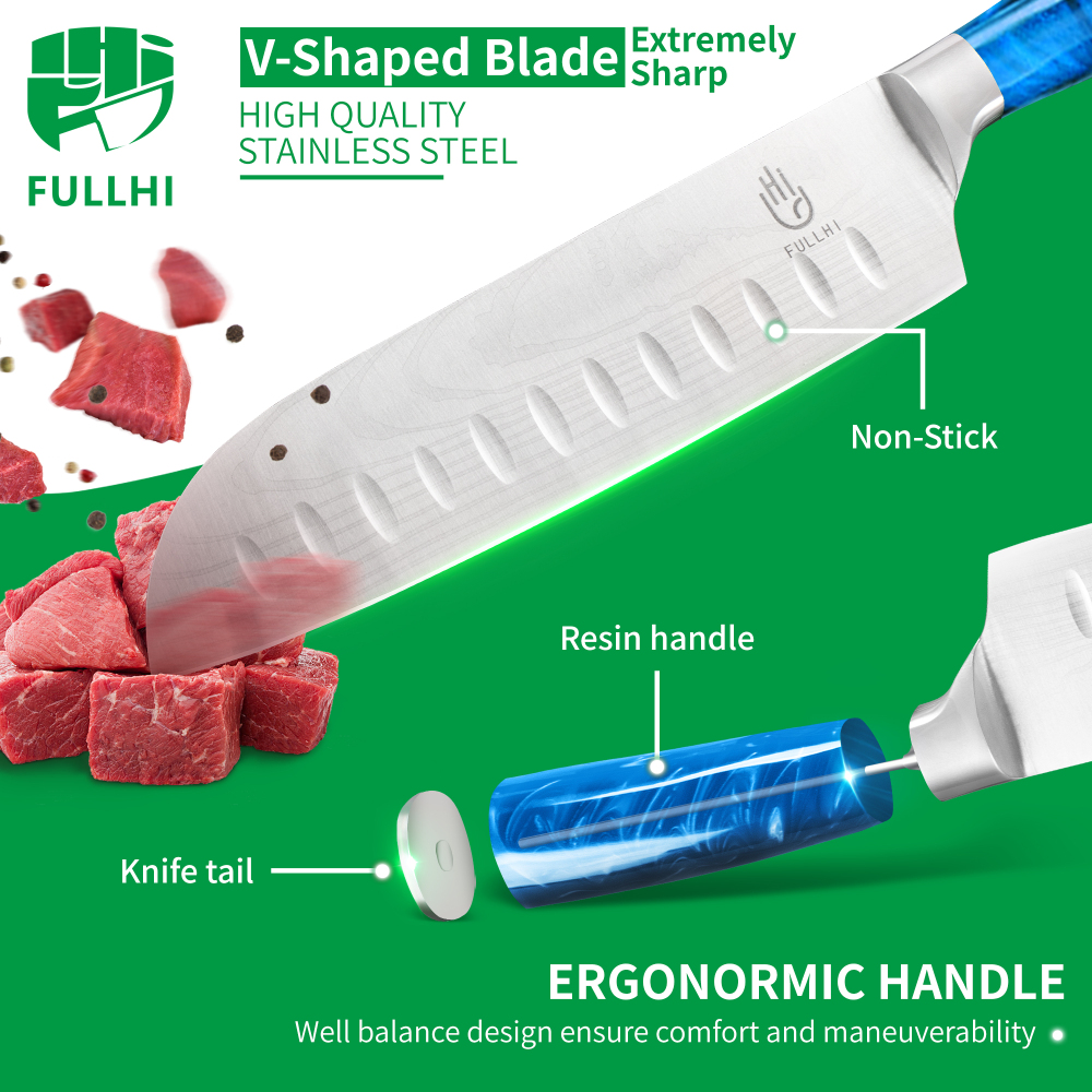 FULLHI 15pcs Japanese Knife Set with Magnetic Knife Block Holder, Japan Stainless Steel Blades, Blue Resin Ergonomic Handles for Professional and Home Cooking