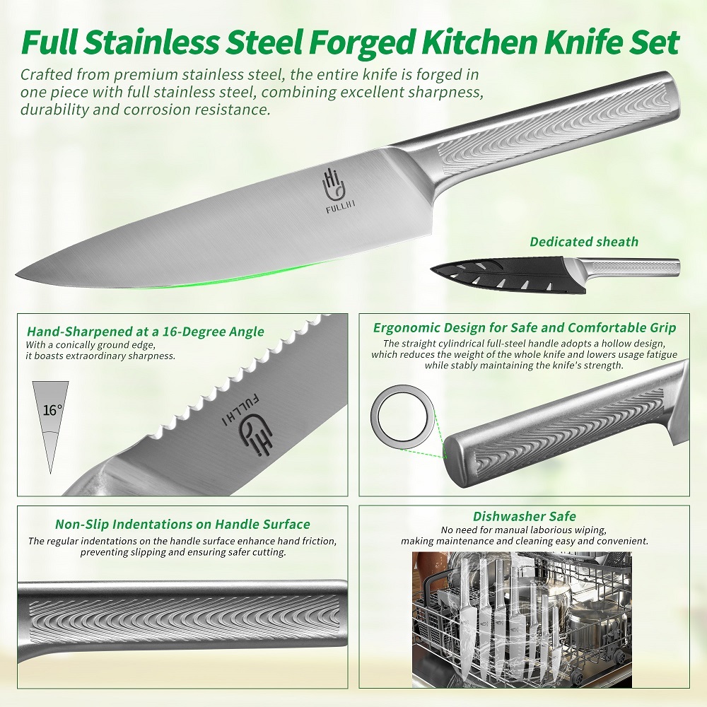 FULLHI 19pcs Japanese Knife Set with Magnetic Knife Block Holder, Cutting Board, Meat fork, Kitchen Shears, Roll Bag, Sharpener Rod Premium Stainless Steel Kitchen Steak Knife Set Dishwasher Safe