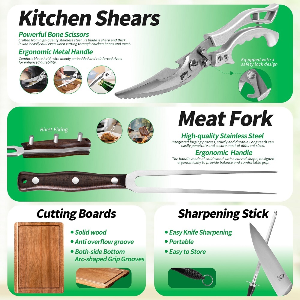 FULLHI 19pcs Japanese Knife Set with Magnetic Knife Block Holder, Cutting Board, Meat fork, Kitchen Shears, Roll Bag, Sharpener Rod Premium Stainless Steel Kitchen Steak Knife Set Dishwasher Safe