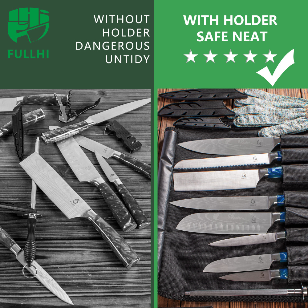 FULLHI 15pcs Japanese Knife Set with Magnetic Knife Block Holder, Japan Stainless Steel Blades, Blue Resin Ergonomic Handles for Professional and Home Cooking