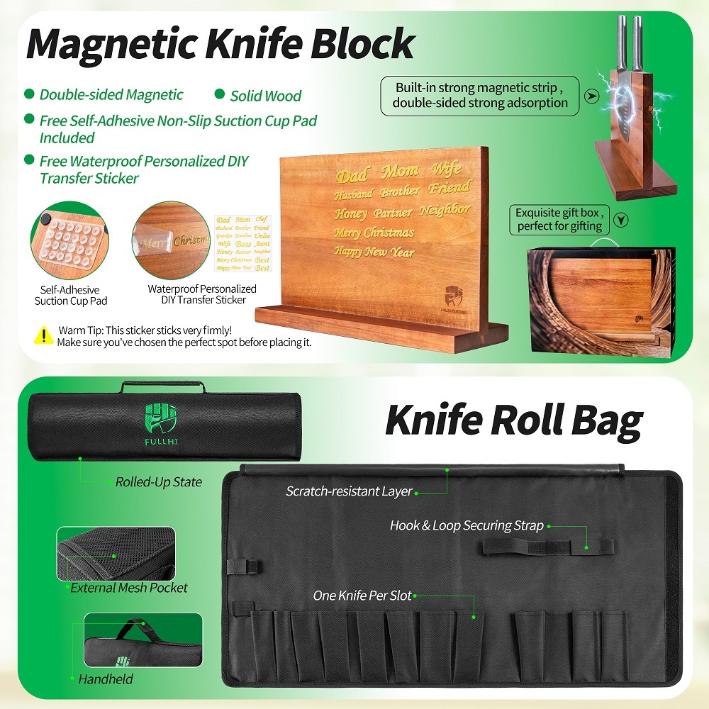 FULLHI 19pcs Japanese Knife Set with Magnetic Knife Block Holder, Cutting Board, Meat fork, Kitchen Shears, Roll Bag, Sharpener Rod Premium Stainless Steel Kitchen Steak Knife Set Dishwasher Safe