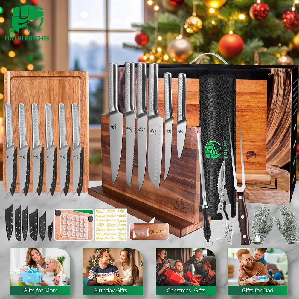 FULLHI 19pcs Japanese Knife Set with Magnetic Knife Block Holder, Cutting Board, Meat fork, Kitchen Shears, Roll Bag, Sharpener Rod Premium Stainless Steel Kitchen Steak Knife Set Dishwasher Safe