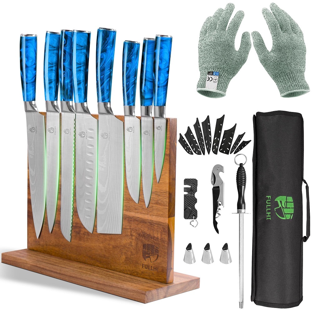 FULLHI 15pcs Japanese Knife Set with Magnetic Knife Block Holder, Japan Stainless Steel Blades, Blue Resin Ergonomic Handles for Professional and Home Cooking