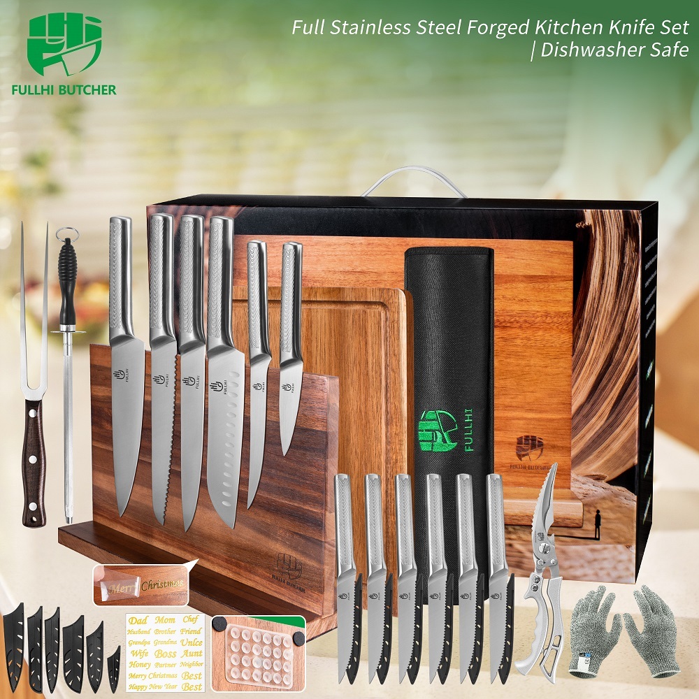 FULLHI 19pcs Japanese Knife Set with Magnetic Knife Block Holder, Cutting Board, Meat fork, Kitchen Shears, Roll Bag, Sharpener Rod Premium Stainless Steel Kitchen Steak Knife Set Dishwasher Safe