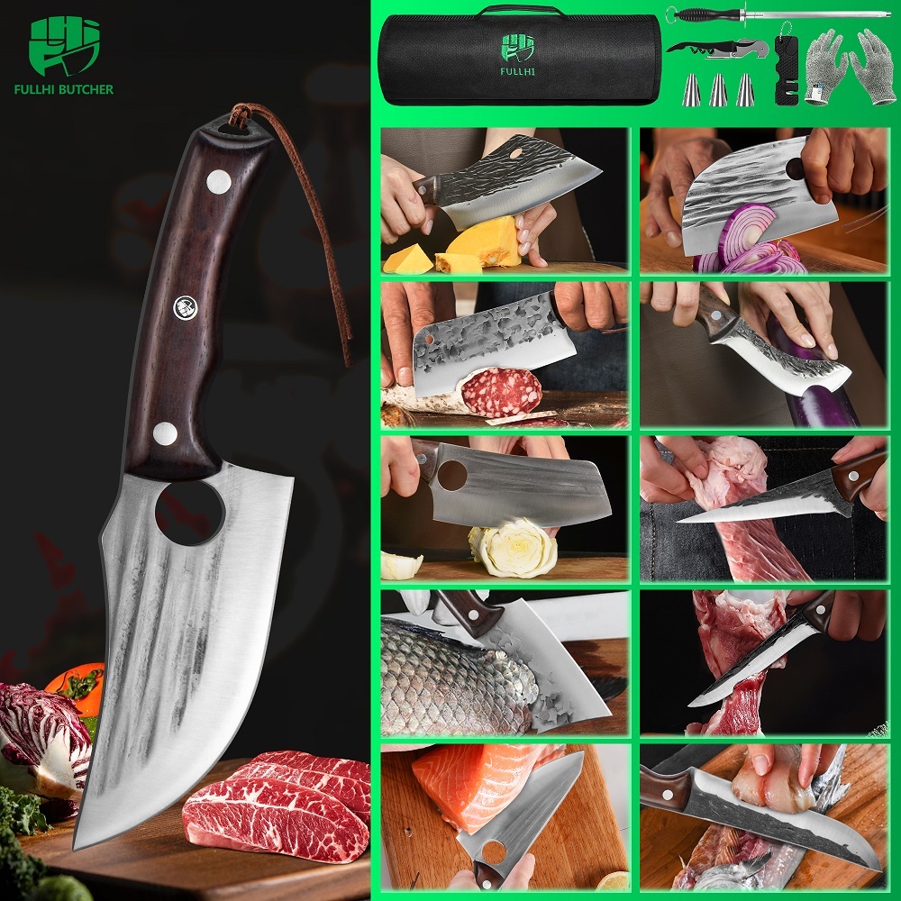 FULLHI Best Butcher Chef Knife Set include sheath High Carbon Steel Cleaver Kitchen Knife Whole Tang Vegetable Cleaver Home BBQ Camping with Knife Ba