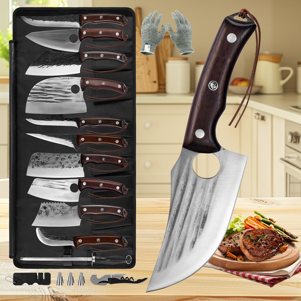 FULLHI Best Butcher Chef Knife Set include sheath High Carbon Steel Cleaver Kitchen Knife Whole Tang Vegetable Cleaver Home BBQ Camping with Knife Ba