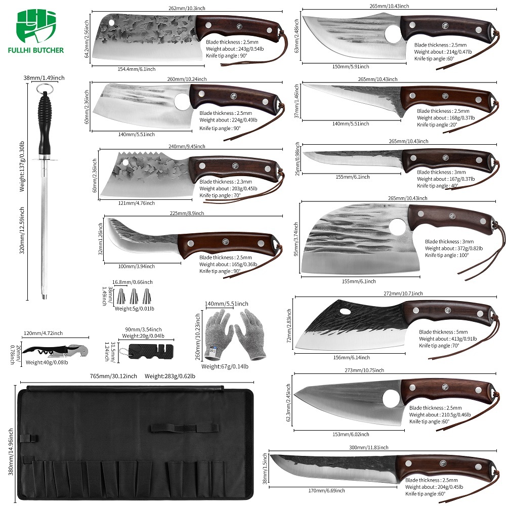 FULLHI Best Butcher Chef Knife Set include sheath High Carbon Steel Cleaver Kitchen Knife Whole Tang Vegetable Cleaver Home BBQ Camping with Knife Ba