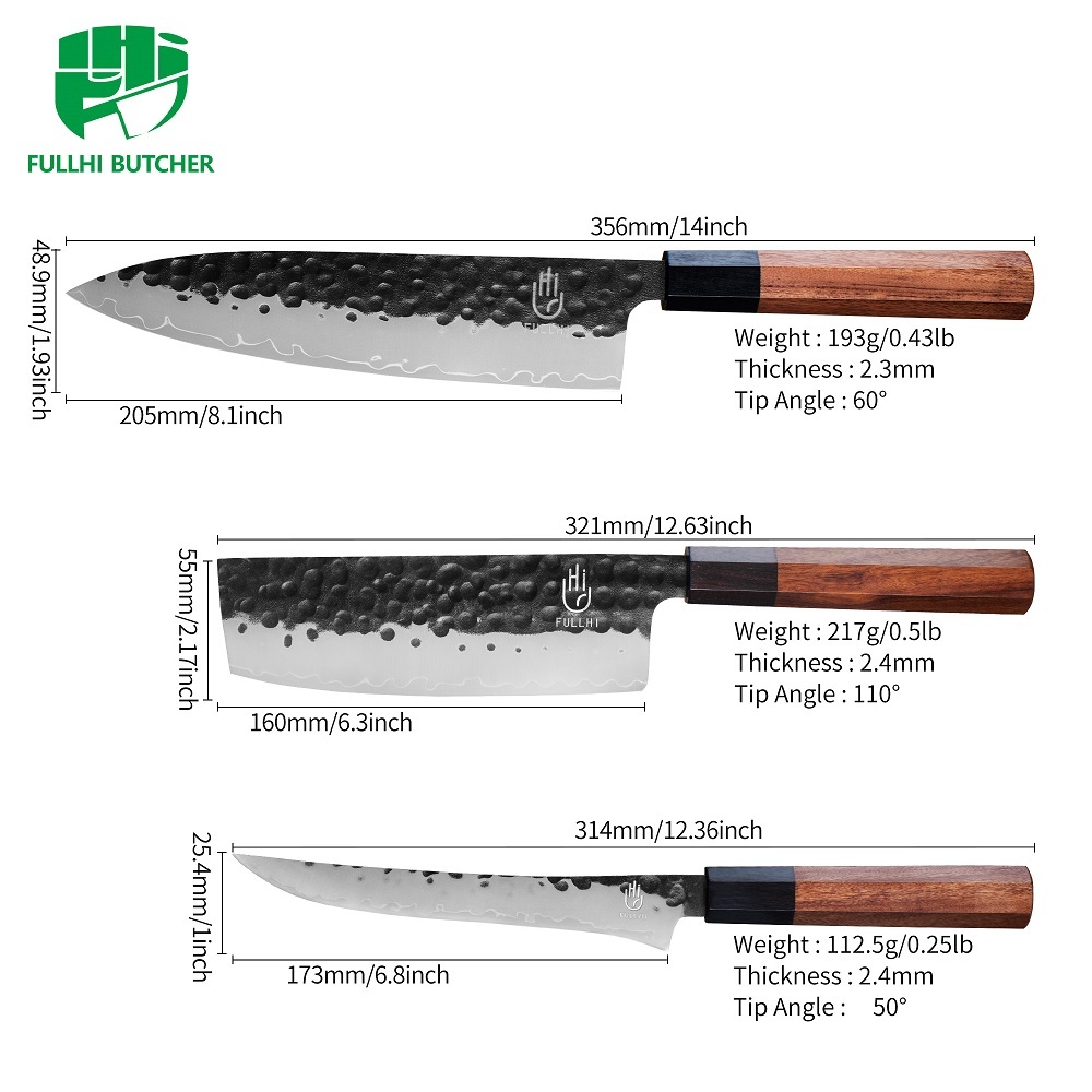 FULLHI 3pcs Japanese Gyuto Chef Knife set Professional Hand Forged Kitchen Chef Knife, 3 Layers 9CR18MOV High Carbon Meat Sushi Knife Rosewood Handle