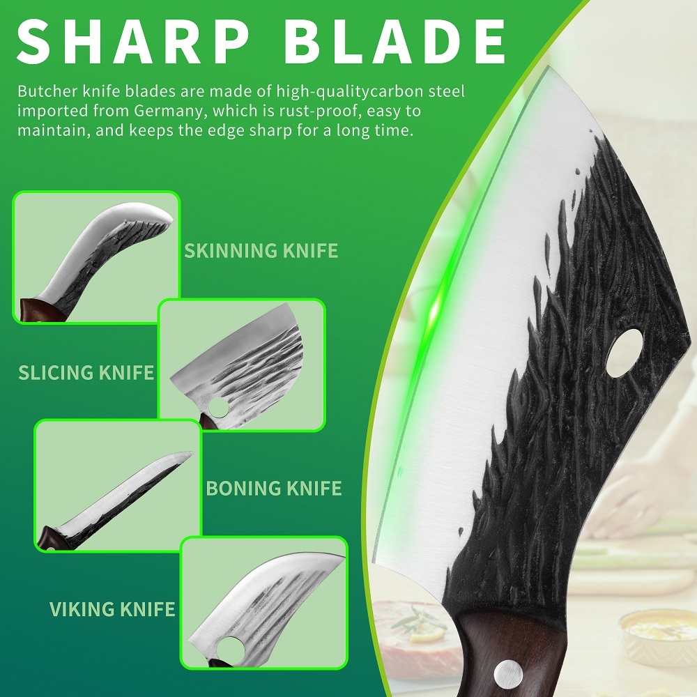 FULLHI Best Butcher Chef Knife Set include sheath High Carbon Steel Cleaver Kitchen Knife Whole Tang Vegetable Cleaver Home BBQ Camping with Knife Ba
