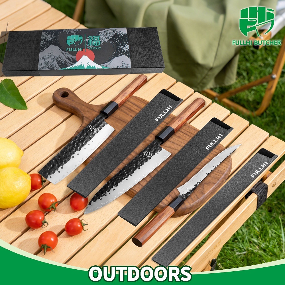 FULLHI 3pcs Japanese Gyuto Chef Knife set Professional Hand Forged Kitchen Chef Knife, 3 Layers 9CR18MOV High Carbon Meat Sushi Knife Rosewood Handle