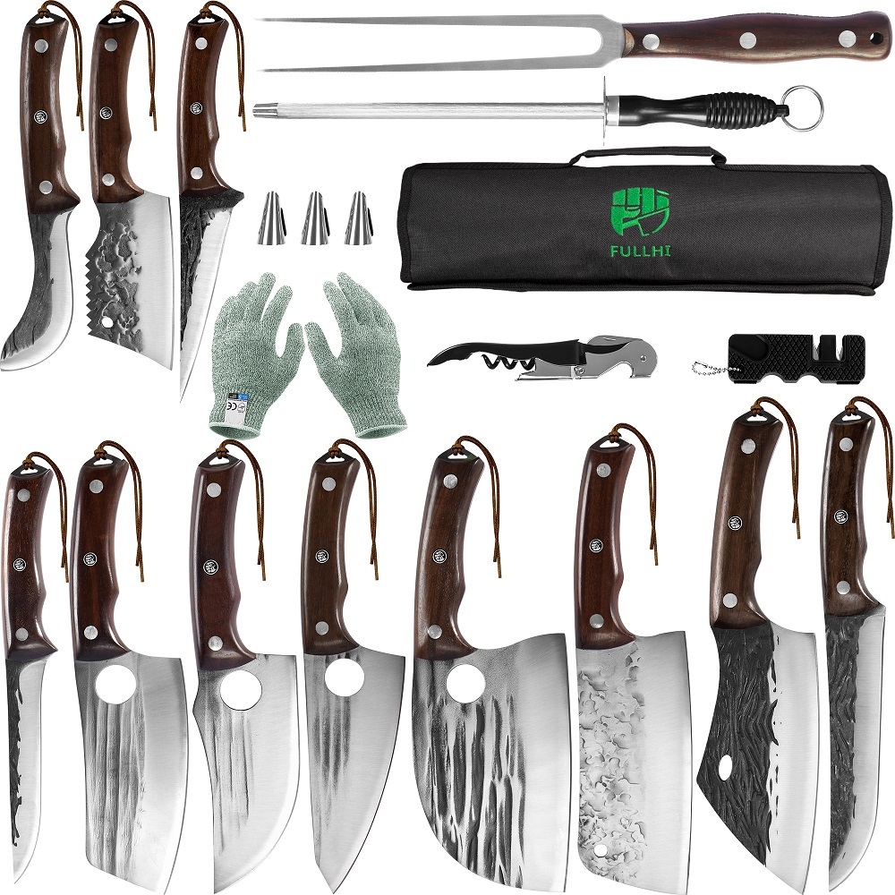 FULLHI Best Butcher Chef Knife Set include sheath High Carbon Steel Cleaver Kitchen Knife Whole Tang Vegetable Cleaver Home BBQ Camping with Knife Ba