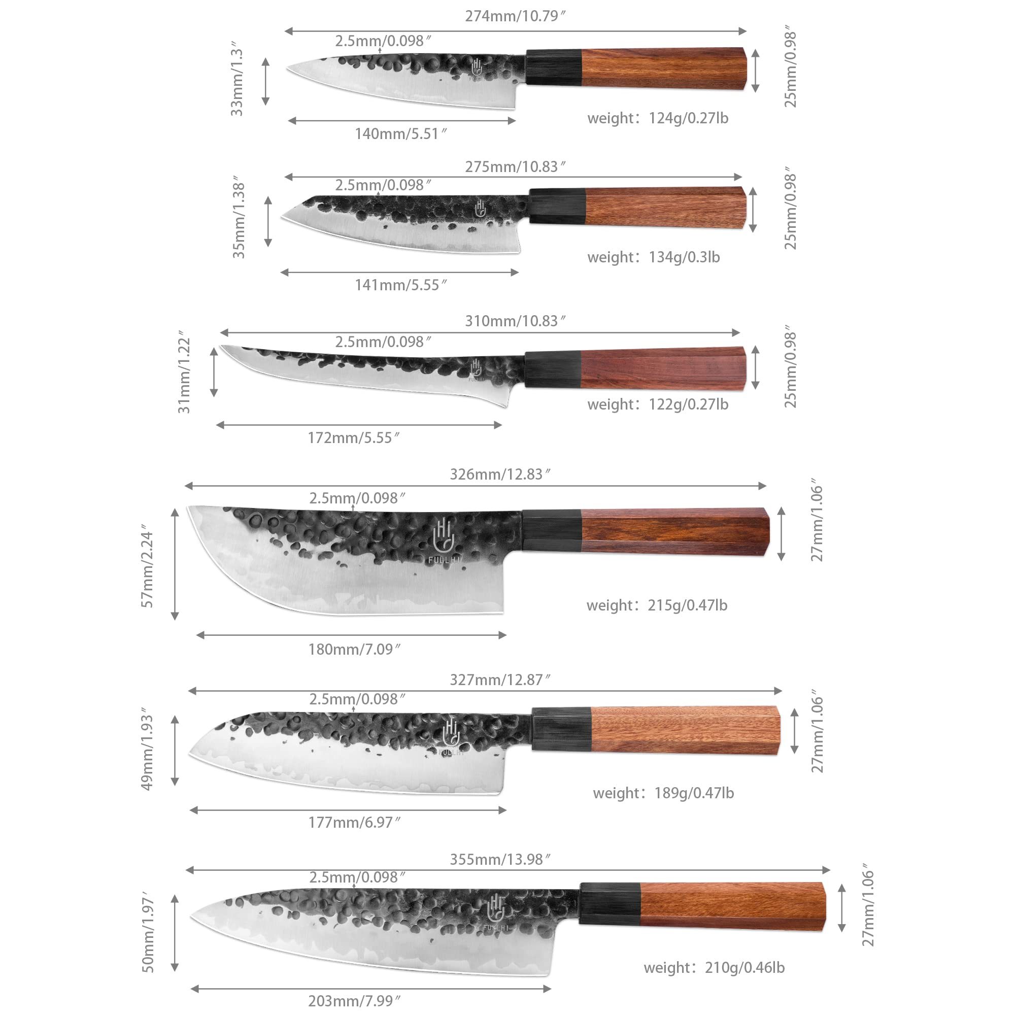 FULLHI 12pcs Japanese Gyuto Chef Knife set Professional Hand Forged Kitchen Chef Knife, 3 Layers 9CR18MOV High Carbon Meat Sushi Knife Rosewood Handle with knife bag