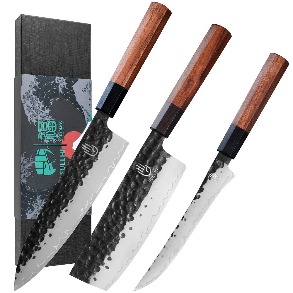 FULLHI 3pcs Japanese Gyuto Chef Knife set Professional Hand Forged Kitchen Chef Knife, 3 Layers 9CR18MOV High Carbon Meat Sushi Knife Rosewood Handle