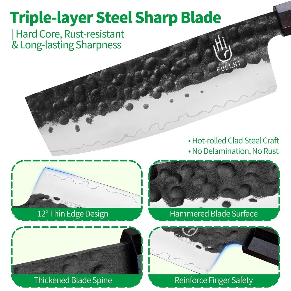 FULLHI 3pcs Japanese Gyuto Chef Knife set Professional Hand Forged Kitchen Chef Knife, 3 Layers 9CR18MOV High Carbon Meat Sushi Knife Rosewood Handle