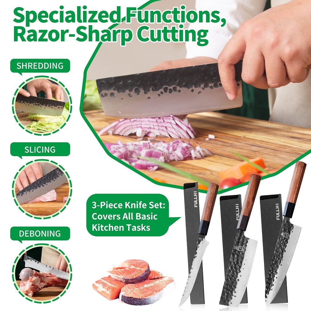FULLHI 3pcs Japanese Gyuto Chef Knife set Professional Hand Forged Kitchen Chef Knife, 3 Layers 9CR18MOV High Carbon Meat Sushi Knife Rosewood Handle