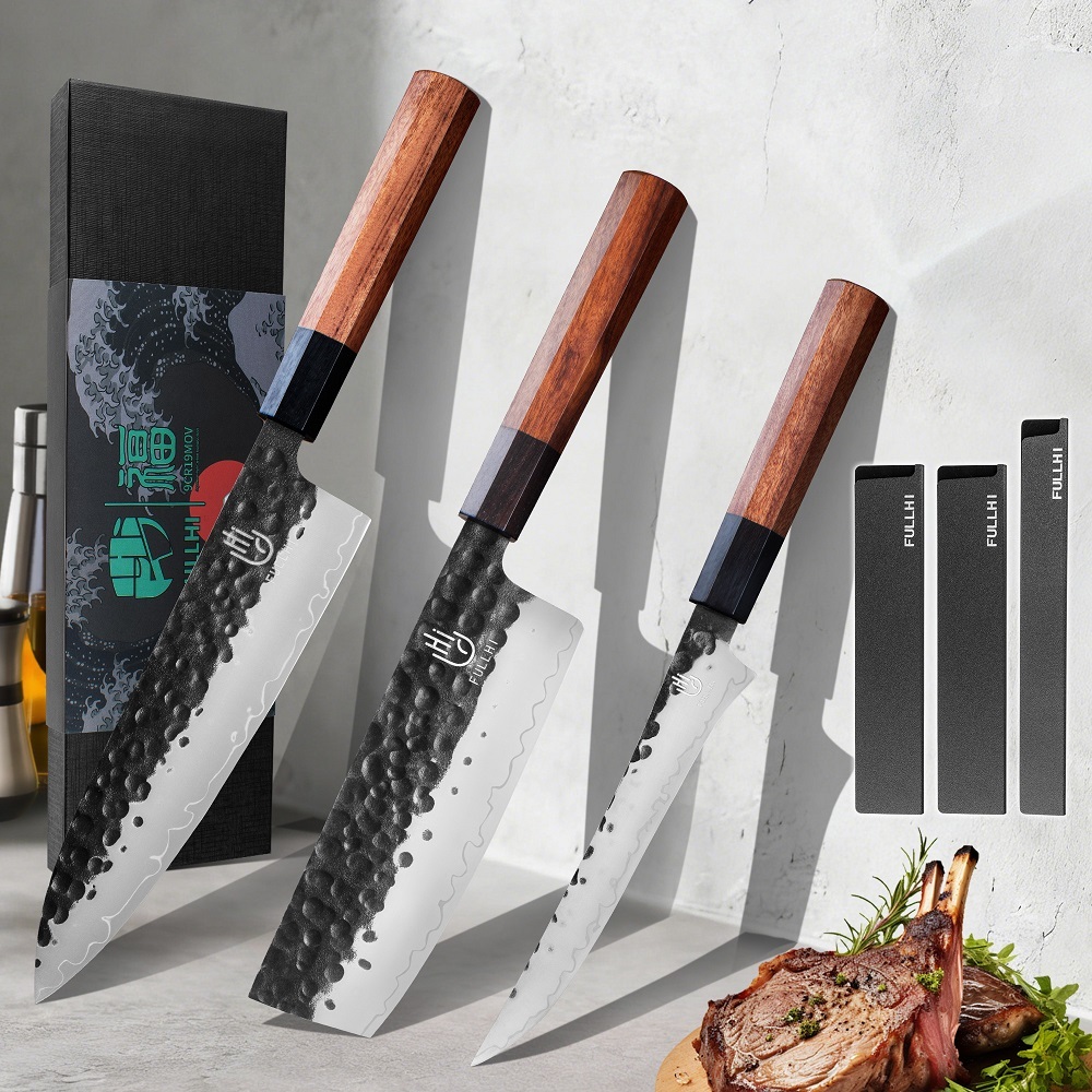 FULLHI 3pcs Japanese Gyuto Chef Knife set Professional Hand Forged Kitchen Chef Knife, 3 Layers 9CR18MOV High Carbon Meat Sushi Knife Rosewood Handle