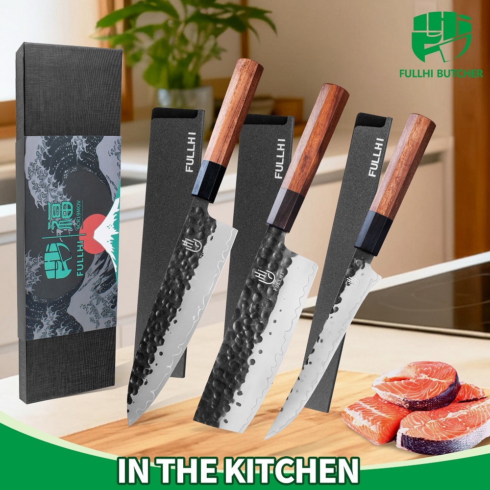 FULLHI 3pcs Japanese Gyuto Chef Knife set Professional Hand Forged Kitchen Chef Knife, 3 Layers 9CR18MOV High Carbon Meat Sushi Knife Rosewood Handle