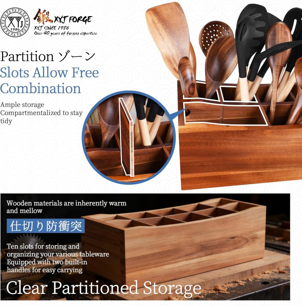 XYJ Large 10 Compartments Natural Acacia Wood Utensil Holder for Counter, Durable Rustic Style Kitchen Utensils Organizer with Removable Dividers, Storage Container for Cooking Spoons & Tools