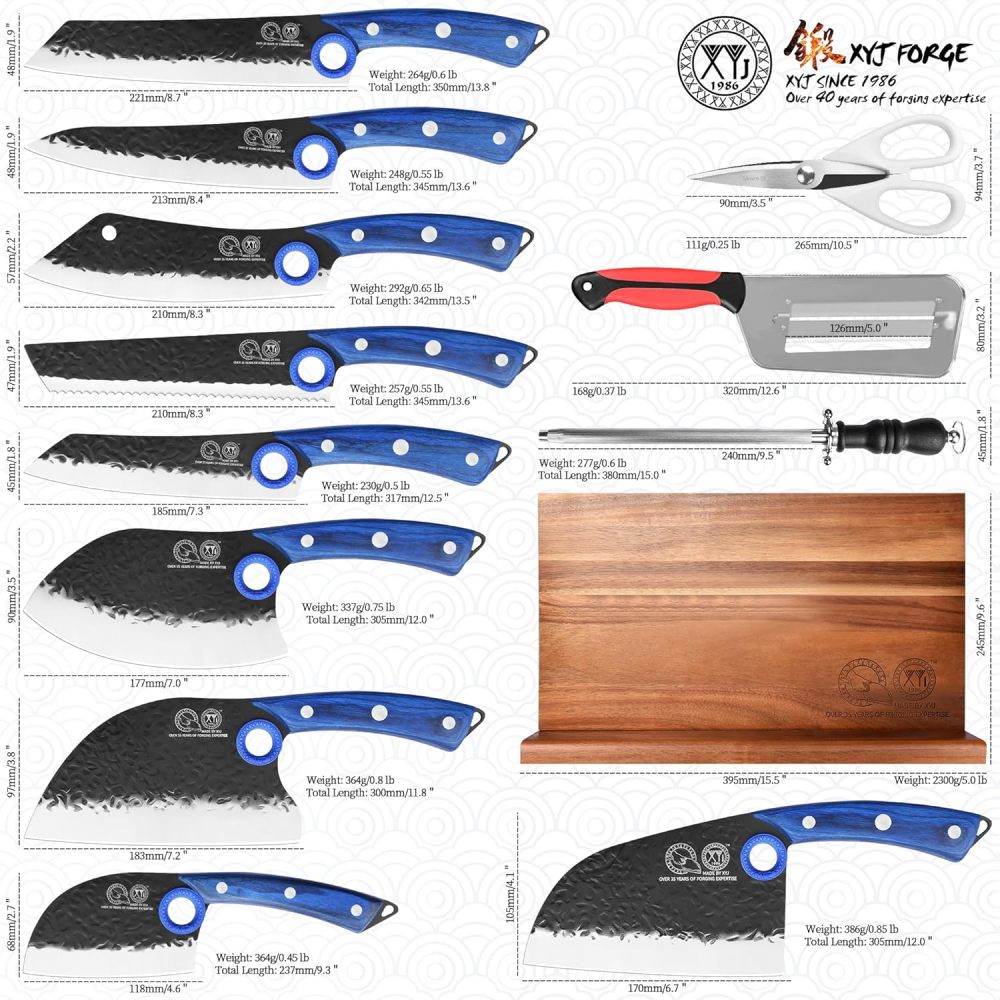 XYJ Knife Block Set, 9 Pieces Full Tang Kitchen Knives with Magnetic Knife Block, Honing Steel, Cut Resistant Gloves, Peeler, Scissors, Meat Slicing Vegetable Cooking Bread Butcher Chef Knives