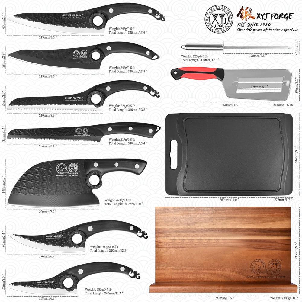 XYJ Knives Set with Magnetic Knife Block, Sharpening Stick, Scissors, Cutting Board, Gloves, High Carbon Steel Blades, Bread Boning Carving Slicing Cleaver Butcher Knives