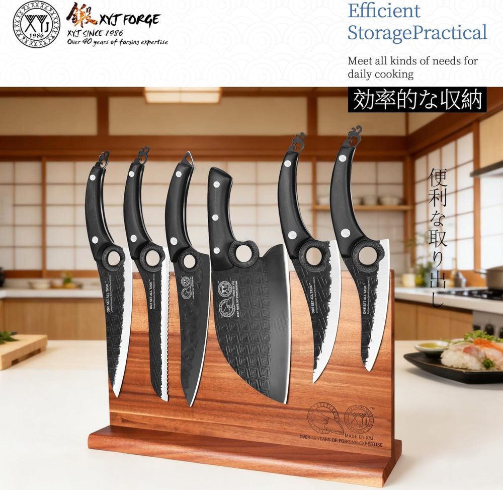 XYJ Knives Set with Magnetic Knife Block, Sharpening Stick, Scissors, Cutting Board, Gloves, High Carbon Steel Blades, Bread Boning Carving Slicing Cleaver Butcher Knives
