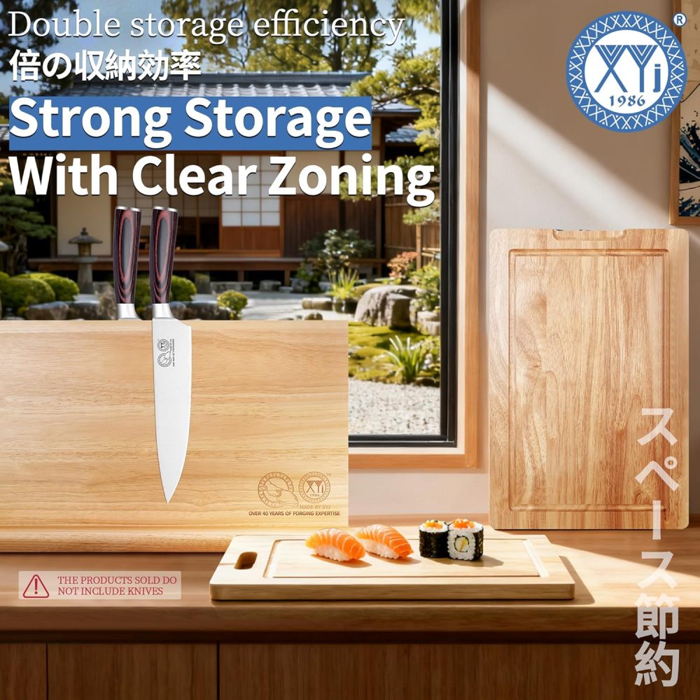 XYJ Authentic Since 1986, Magnetic Knife Block with Cutting Boards, Natural Wood, Countertop Knife Organizer, Space-Saving Knives & Prep Board Set, Kitchen Storage Solution without Knives