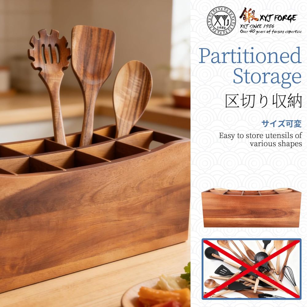 XYJ Large 10 Compartments Natural Acacia Wood Utensil Holder for Counter, Durable Rustic Style Kitchen Utensils Organizer with Removable Dividers, Storage Container for Cooking Spoons & Tools