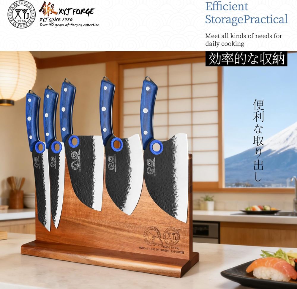 XYJ Knife Block Set, 9 Pieces Full Tang Kitchen Knives with Magnetic Knife Block, Honing Steel, Cut Resistant Gloves, Peeler, Scissors, Meat Slicing Vegetable Cooking Bread Butcher Chef Knives