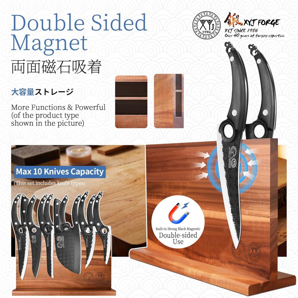 XYJ Knives Set with Magnetic Knife Block, Sharpening Stick, Scissors, Cutting Board, Gloves, High Carbon Steel Blades, Bread Boning Carving Slicing Cleaver Butcher Knives