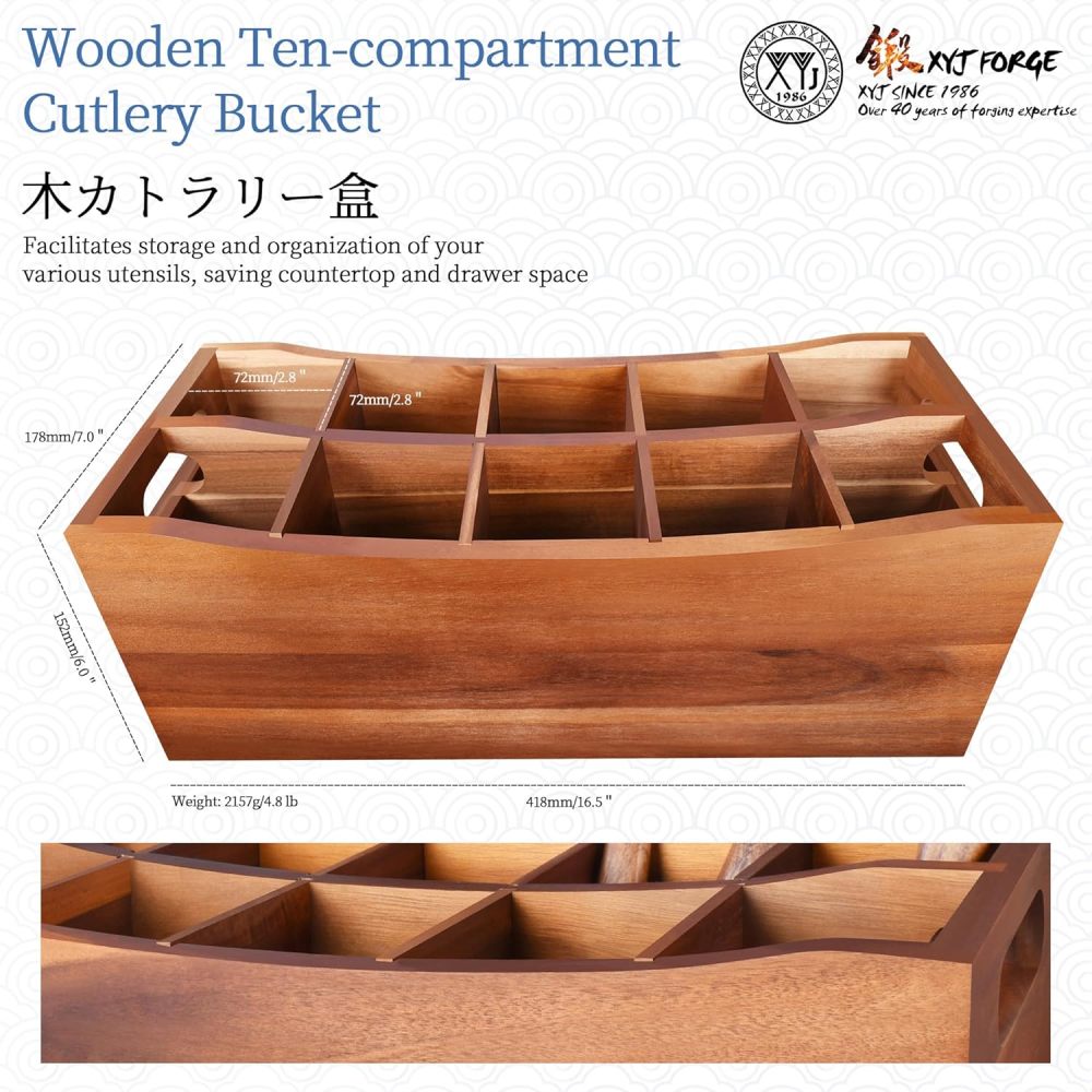 XYJ Large 10 Compartments Natural Acacia Wood Utensil Holder for Counter, Durable Rustic Style Kitchen Utensils Organizer with Removable Dividers, Storage Container for Cooking Spoons & Tools