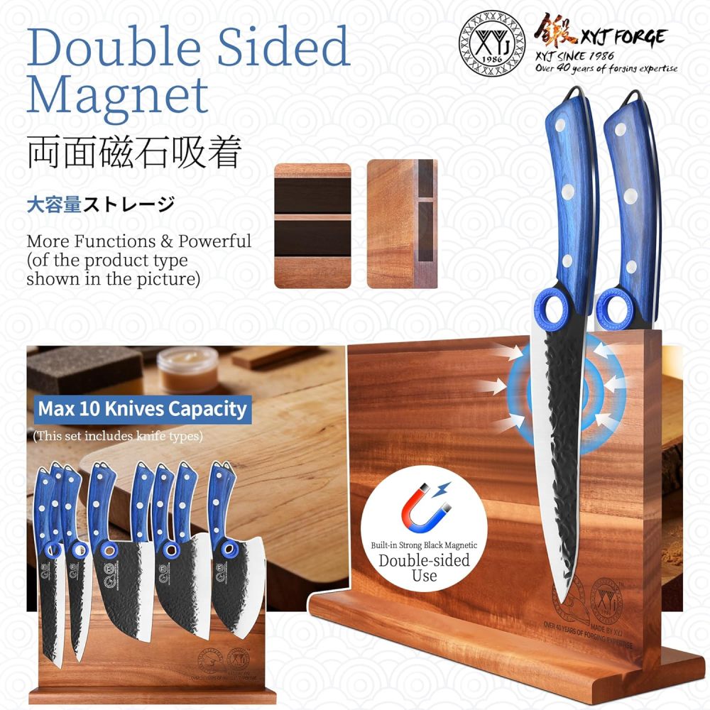 XYJ Knife Block Set, 9 Pieces Full Tang Kitchen Knives with Magnetic Knife Block, Honing Steel, Cut Resistant Gloves, Peeler, Scissors, Meat Slicing Vegetable Cooking Bread Butcher Chef Knives