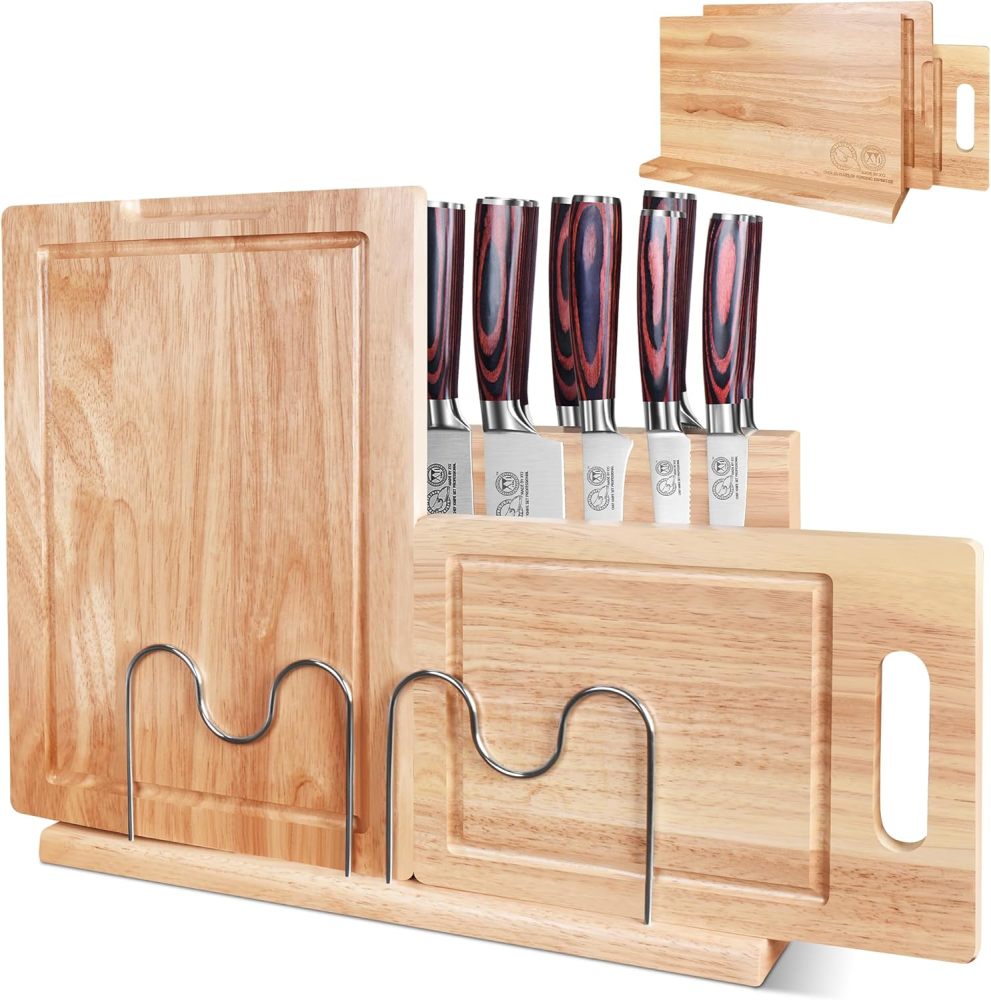 XYJ Authentic Since 1986, Magnetic Knife Block with Cutting Boards, Natural Wood, Countertop Knife Organizer, Space-Saving Knives & Prep Board Set, Kitchen Storage Solution without Knives