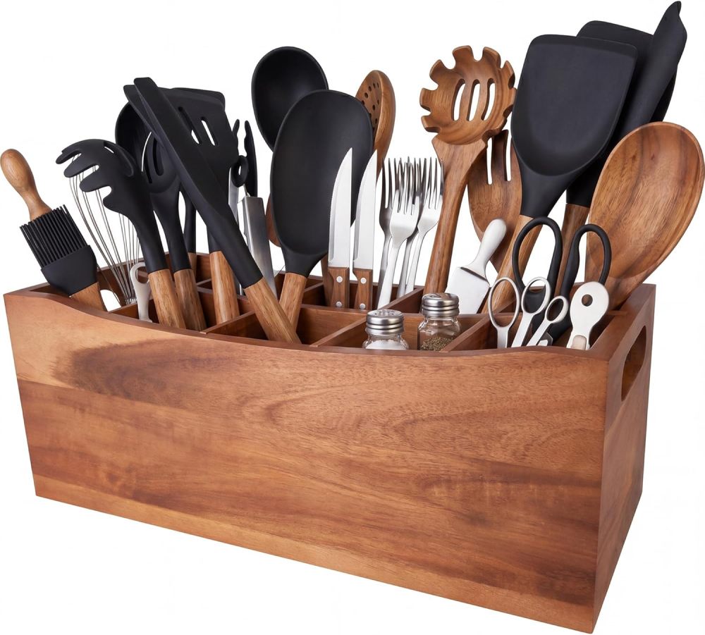 XYJ Large 10 Compartments Natural Acacia Wood Utensil Holder for Counter, Durable Rustic Style Kitchen Utensils Organizer with Removable Dividers, Storage Container for Cooking Spoons & Tools