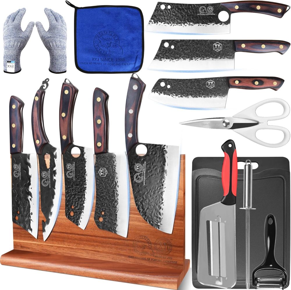 XYJ Full Tang Knives Set with Magnetic Knife Block,Cutting Board,Sharpener Rod,Scissors,Gloves,High Carbon Steel Blades,Knife Block Set,Cleaver Vegetable Butcher Kitchen Knives