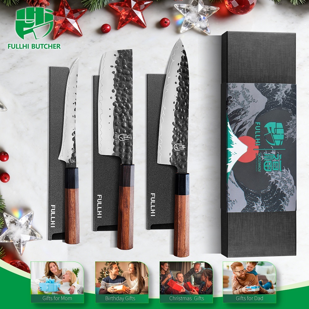 FULLHI 3pcs Japanese Gyuto Chef Knife set Professional Hand Forged Kitchen Chef Knife, 3 Layers 9CR18MOV High Carbon Meat Sushi Knife Rosewood Handle