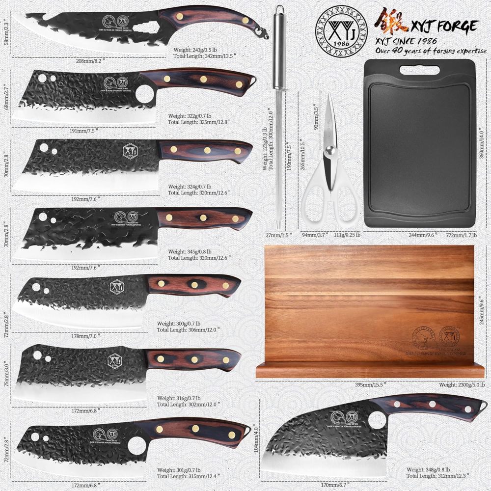 XYJ Full Tang Knives Set with Magnetic Knife Block,Cutting Board,Sharpener Rod,Scissors,Gloves,High Carbon Steel Blades,Knife Block Set,Cleaver Vegetable Butcher Kitchen Knives
