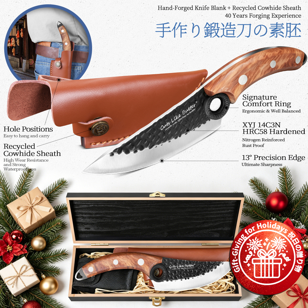 6 Inch Forged Boning Knife with Leather Sheath, Elegant Gift Box, Full Tang High Carbon Steel Japanese Chef Knife for Kitchen Outdoor, Gifts for Women Men Christmas Birthday