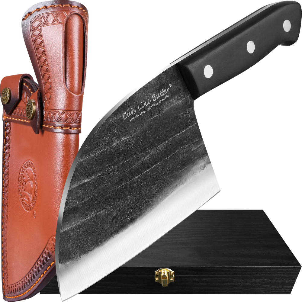 Cuts Like Butter 6 Inch Japanese Chef Knife with Leather Sheath, Wooden Gift Box, Full Tang High Carbon Steel Meat Cleaver Butcher Knife for Kitchen Outdoor, Gifts for Women Men Christmas Birthday