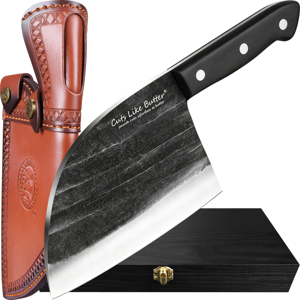 Cuts Like Butter 6.7 Inch Japanese Chef Knife with Leather Sheath, Elegant Gift Box, Full Tang High Carbon Steel Meat Cleaver Butcher Knife for Kitchen Outdoor, Gifts for Women Men Christmas Birthday