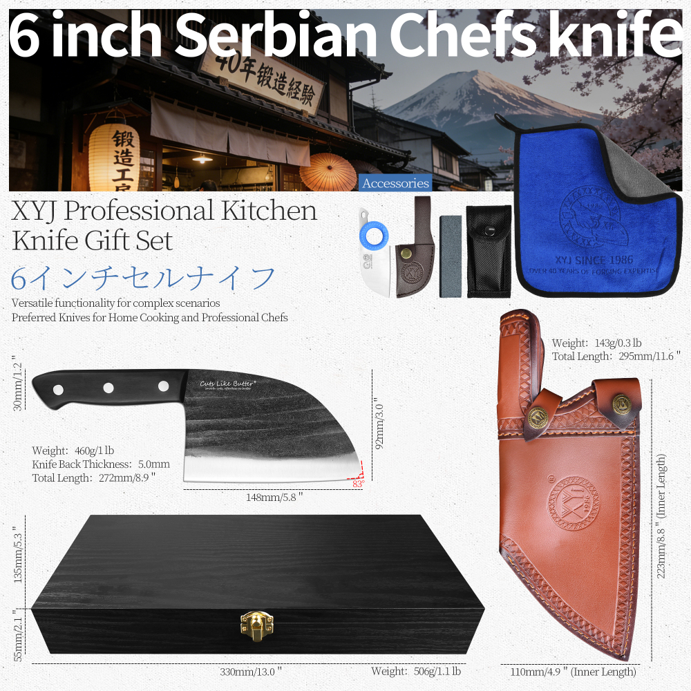 Cuts Like Butter 6 Inch Japanese Chef Knife with Leather Sheath, Wooden Gift Box, Full Tang High Carbon Steel Meat Cleaver Butcher Knife for Kitchen Outdoor, Gifts for Women Men Christmas Birthday