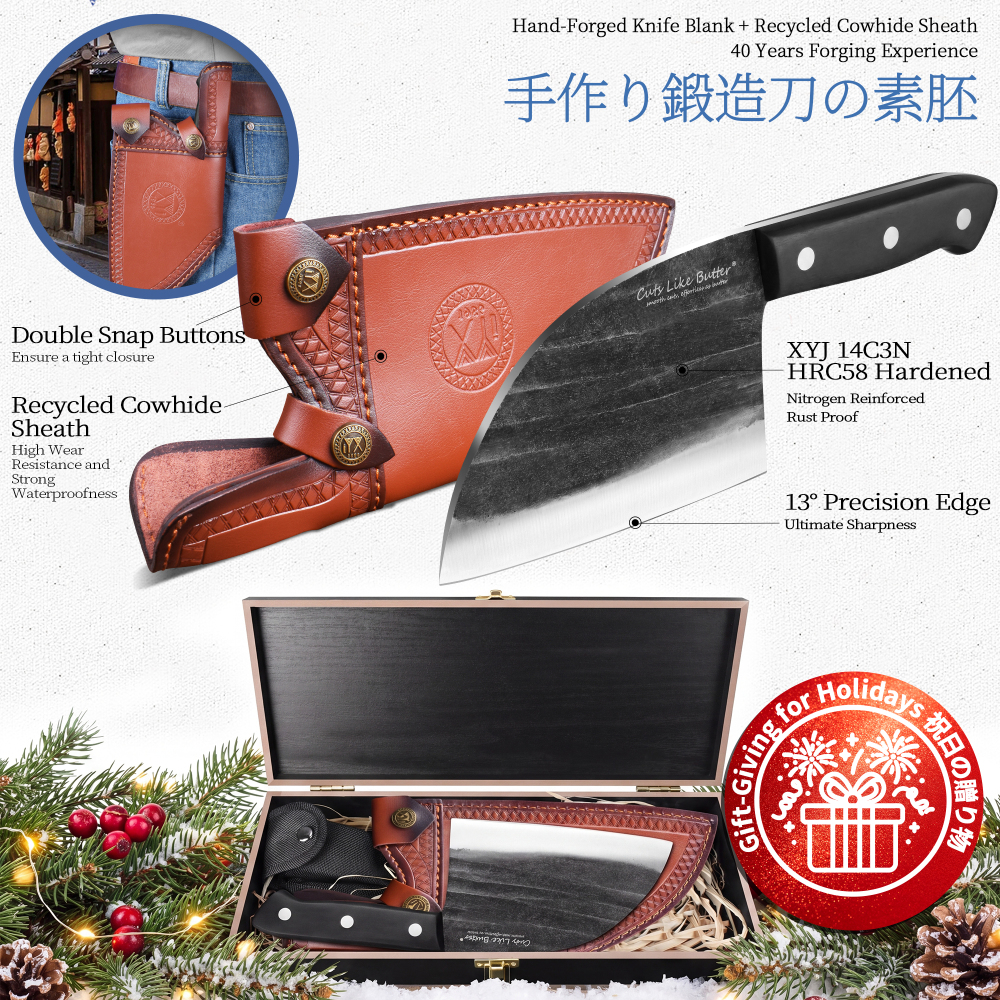 Cuts Like Butter 6 Inch Japanese Chef Knife with Leather Sheath, Wooden Gift Box, Full Tang High Carbon Steel Meat Cleaver Butcher Knife for Kitchen Outdoor, Gifts for Women Men Christmas Birthday