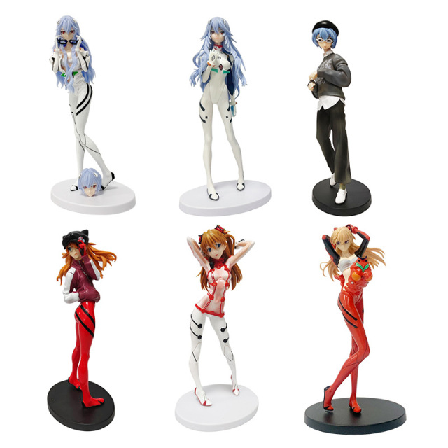 Evangelion Figure Set 6 Pcs Rei & Asuka Anime Chibi Collectible Desk Toy Blue Hair Cat-Ears Mecha Glasses