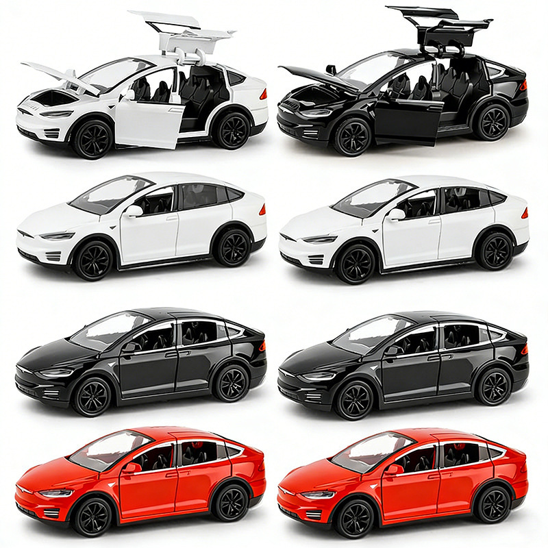 1:28 Scale Tesla Model X Diecast Car Model – Alloy Pull-Back, Light & Sound, Gull-Wing Doors, Electric Vehicle Toy for Boys