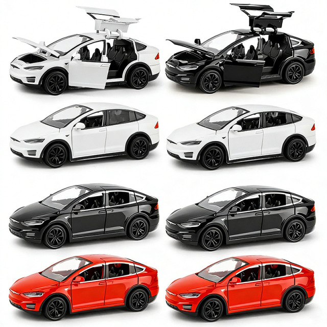 1:28 Scale Tesla Model X Diecast Car Model – Alloy Pull-Back, Light &amp; Sound, Gull-Wing Doors, Electric Vehicle Toy for Boys