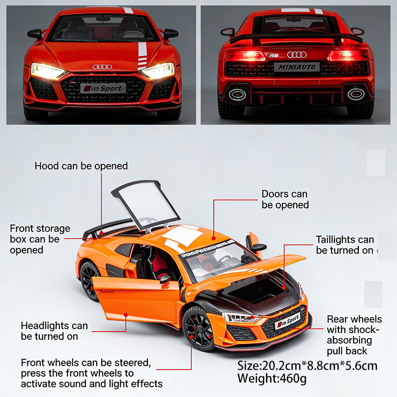 1:24 Alloy Sports Car Model R8 V10 Diecast Toy Car Realistic Metal Vehicle Model for Kids Collectible Display Gift