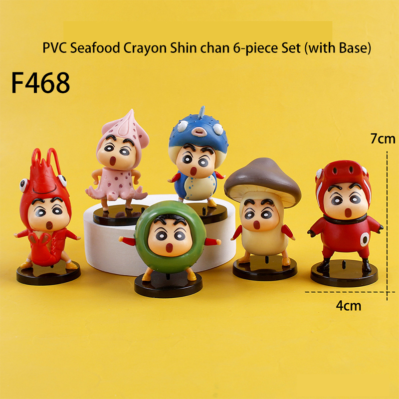 Crayon Shin Chan Seafood Statue Figure Ocean Food Theme Set 6 PCS Anime PVC Collection Cute Shinchan Toys Gift Decoration